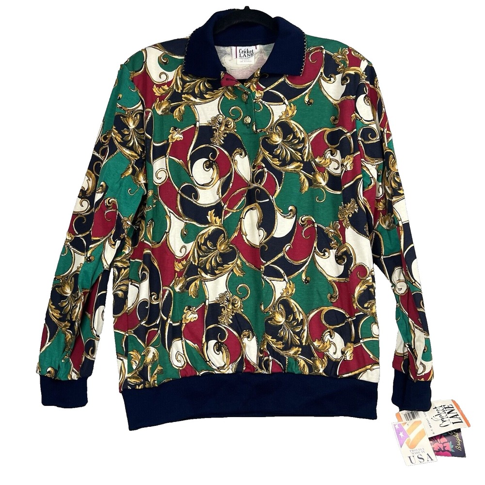 Cricket Lane Womens Large Baroque Print Polo Shirt Long Sleeve Green Red USA NWT